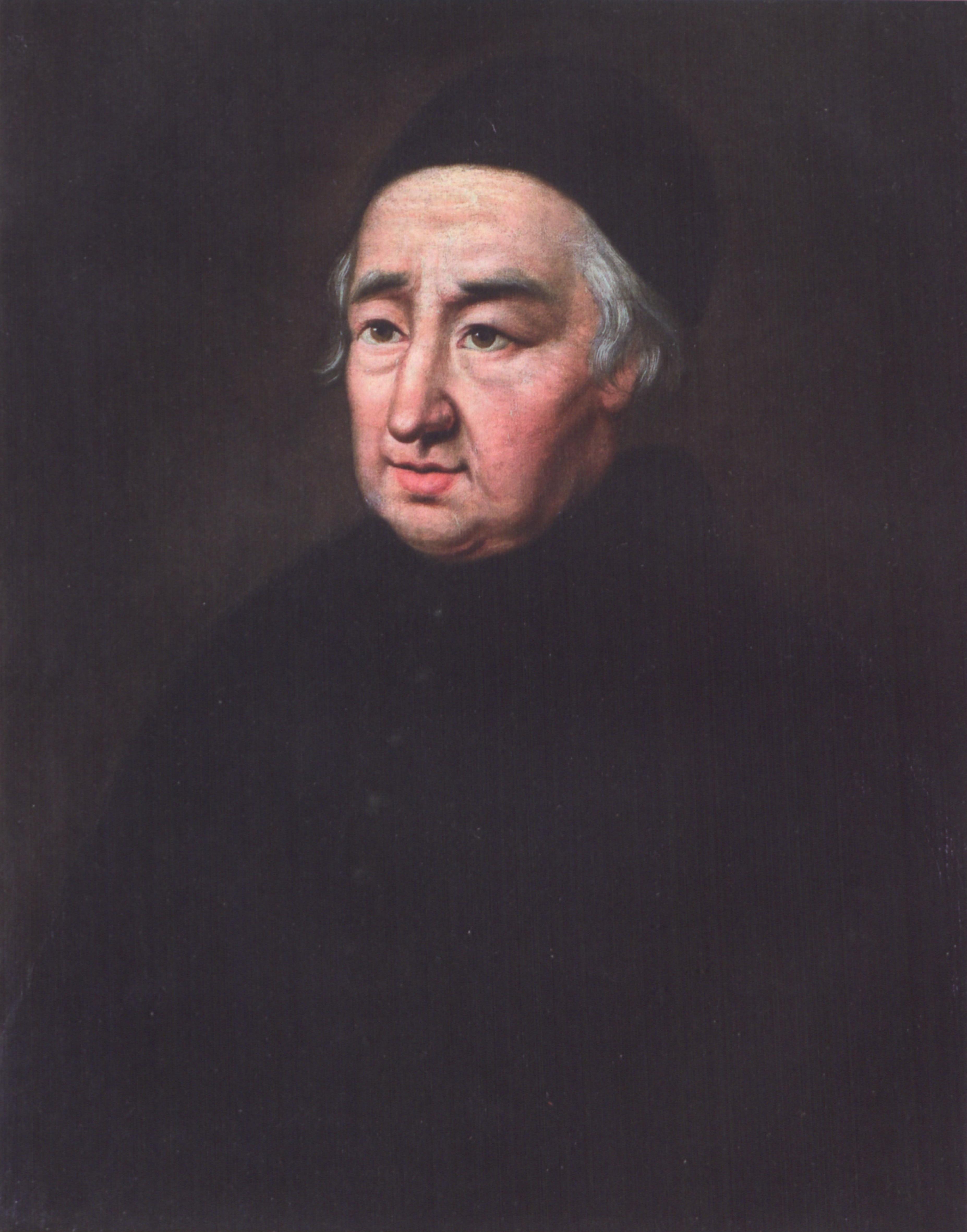 Gemälde des Jesuitenpater Desbillons. Er trägt schwarze Kleidung sowie einen schwarzen Hut und ist auf schwarzem Hintergrund gemalt.